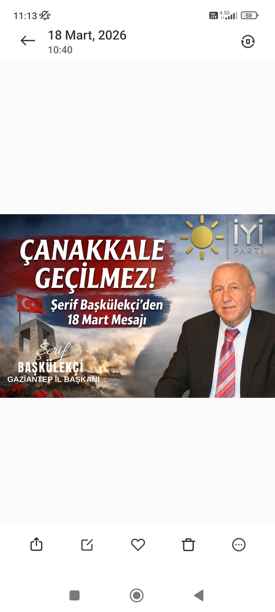 İYİ Parti Gaziantep İl Başkanı Şerif Başkülekçi’den 18 Mart Mesajı: “Çanakkale Geçilmez!”