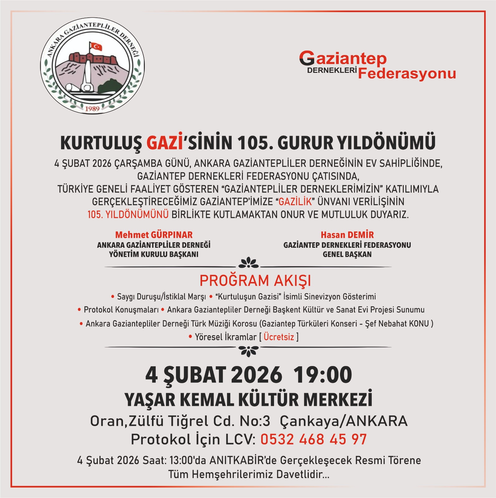 Gaziantep’in “Gazi” Unvanının 105. Yılı Ankara’da Coşkuyla Anılacak!