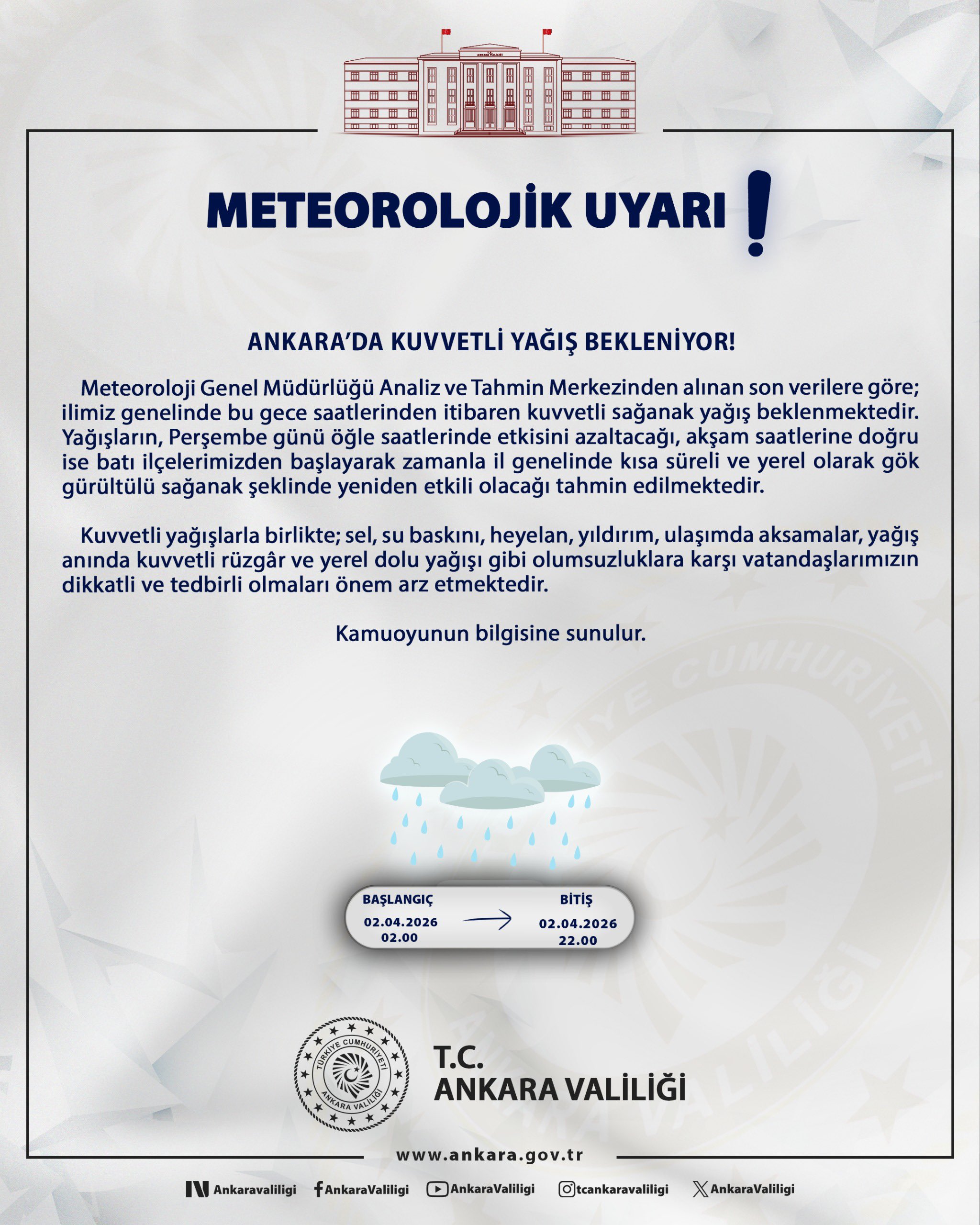 Ankara Valiliği’nden Kuvvetli Yağış Uyarısı: Sel ve Su Baskınlarına Dikkat!