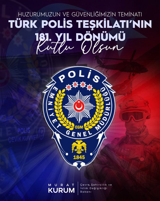 Bakan Murat Kurum’dan Türk Polis Teşkilatı’nın 181. Yıl Dönümü Mesajı