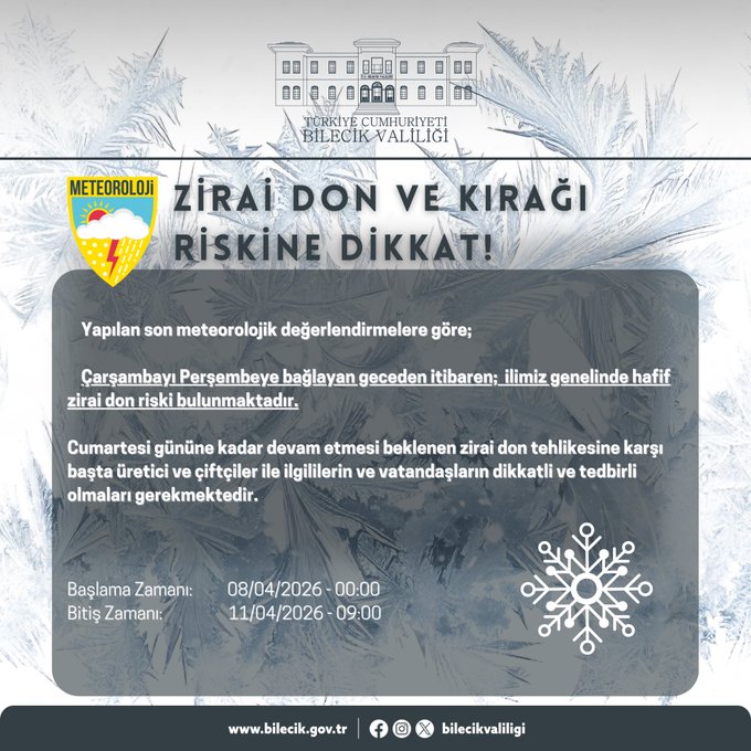 Bilecik Valiliği’nden Zirai Don Uyarısı: Üretici ve Çiftçilere Kritik Çağrı