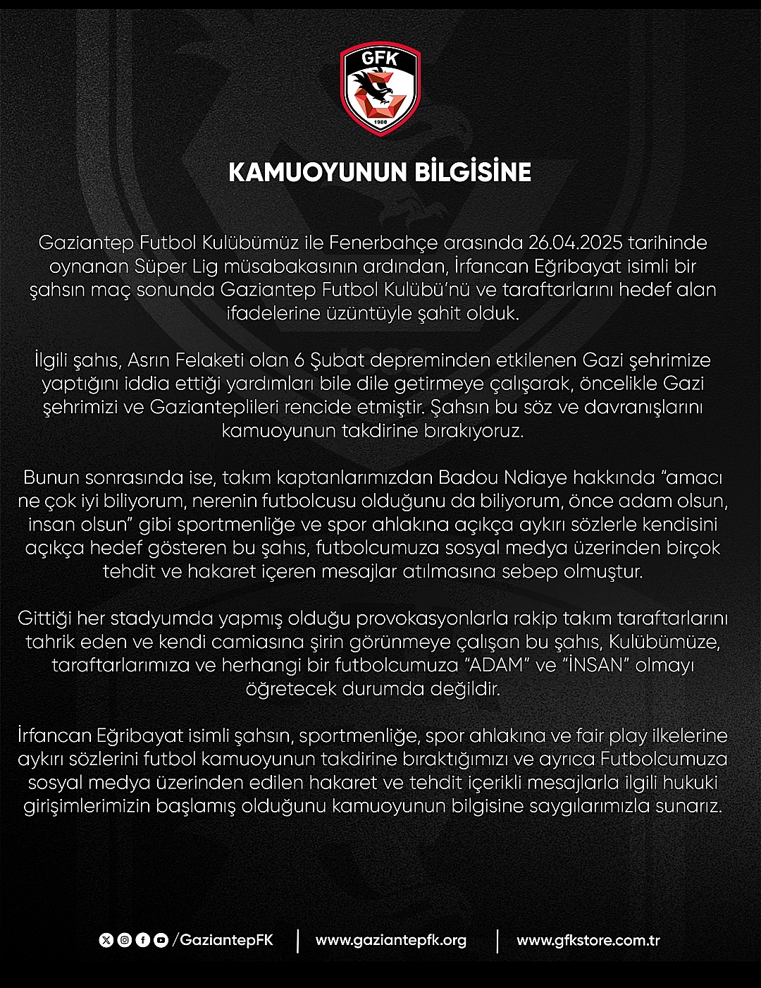 Gaziantep FK’dan İrfan Can Eğribayat’a Sert Tepki!