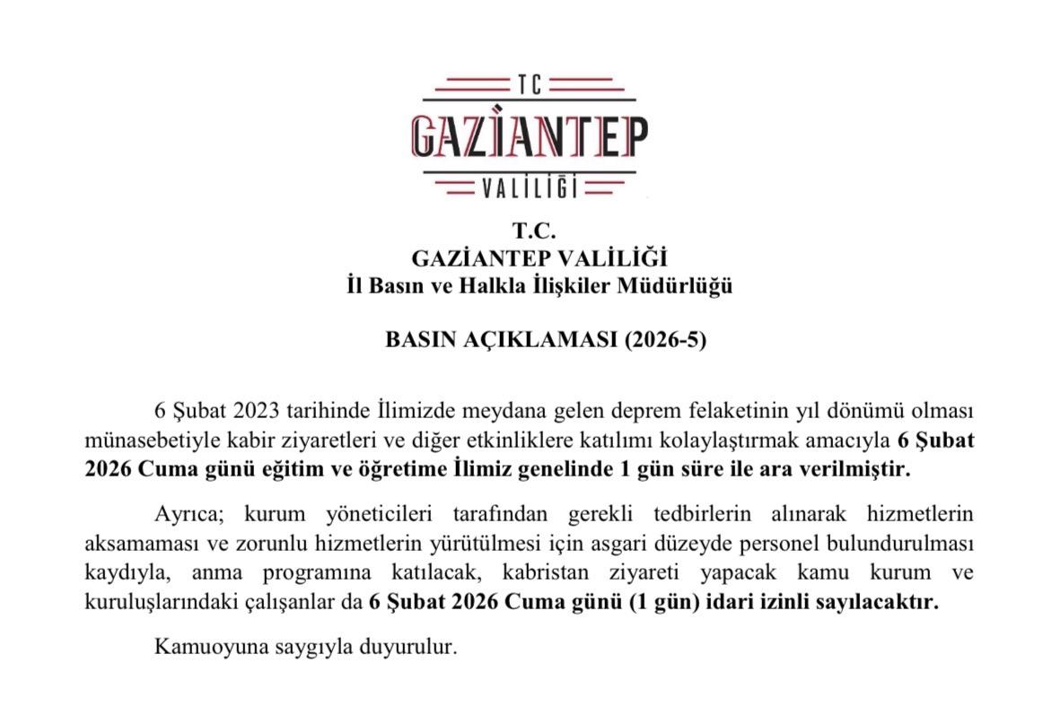 Gaziantep’te 6 Şubat’ta Eğitime 1 Gün Ara Verildi!