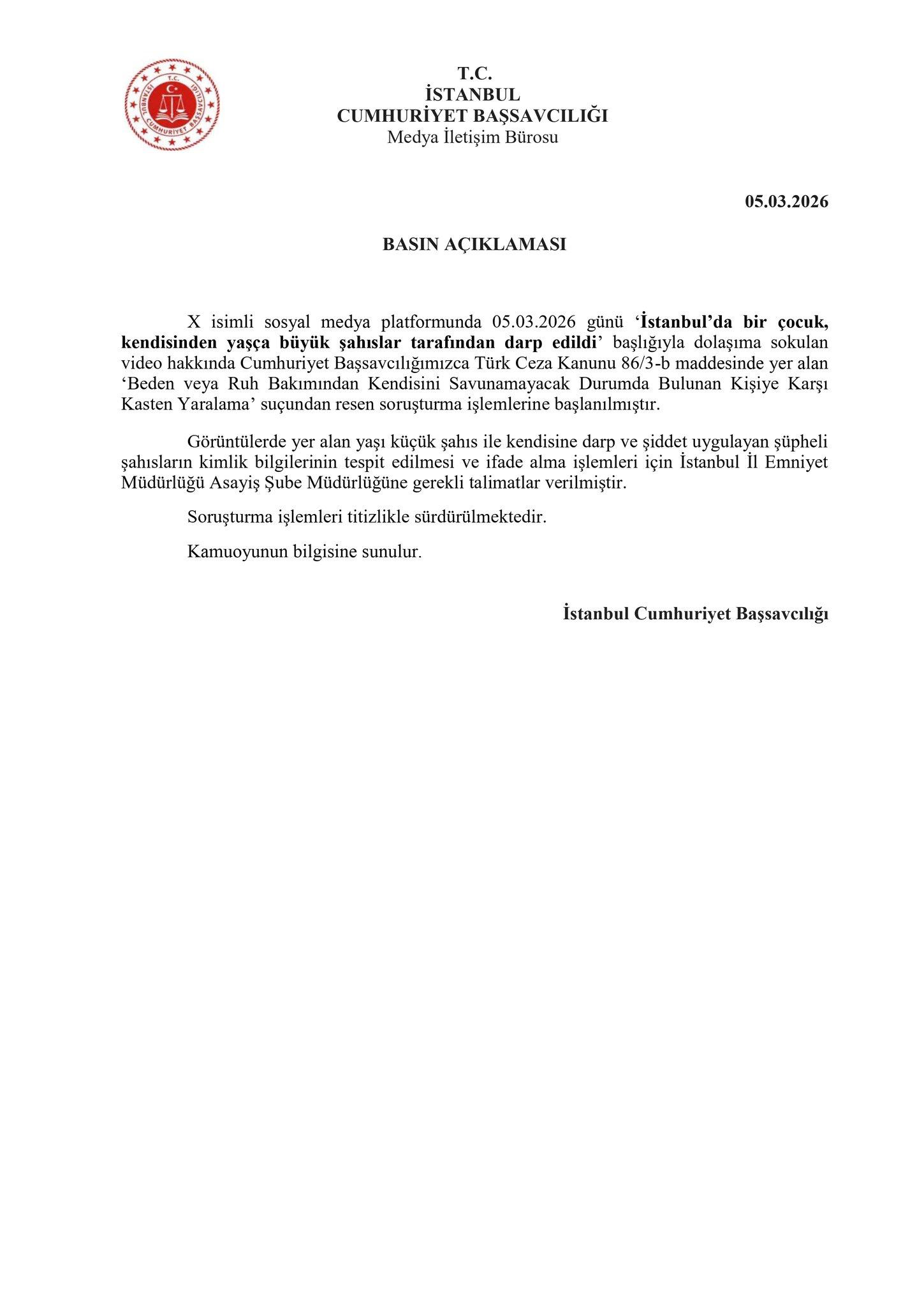 İstanbul’da Çocuğa Şiddet Görüntüleriyle İlgili Soruşturma Başlatıldı