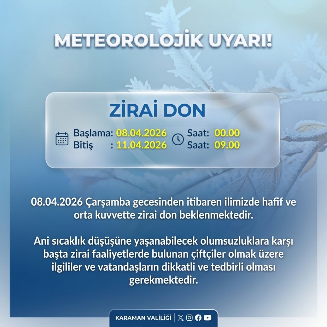 Karaman Valiliği’nden Zirai Don Uyarısı: Üreticiler Dikkat!