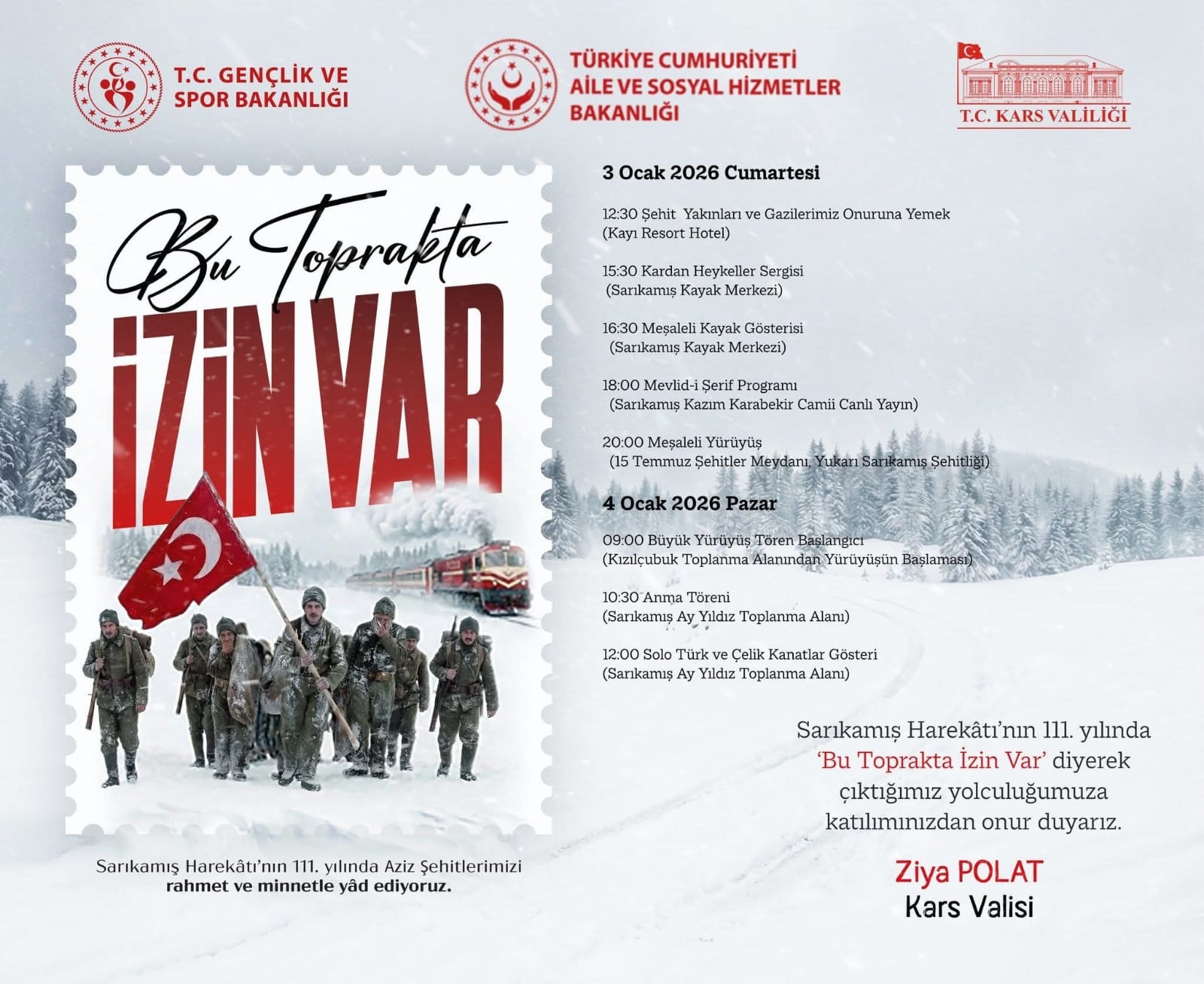 Sarıkamış Şehitleri 111. Yılı Anma Programı için ücretsiz araç kaldırılacak